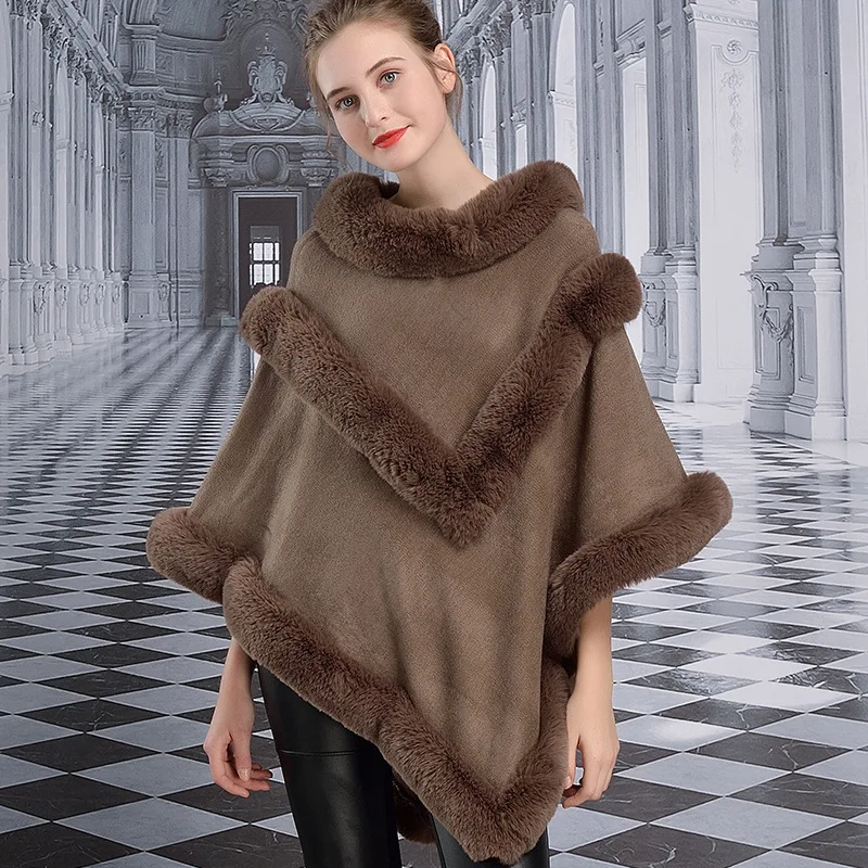 Lugentolo Ponchos and Capes Women Fall Winter Fashion New Rex Rabbit Fur Three Quarter O-Neck Thick Solid Cloak |