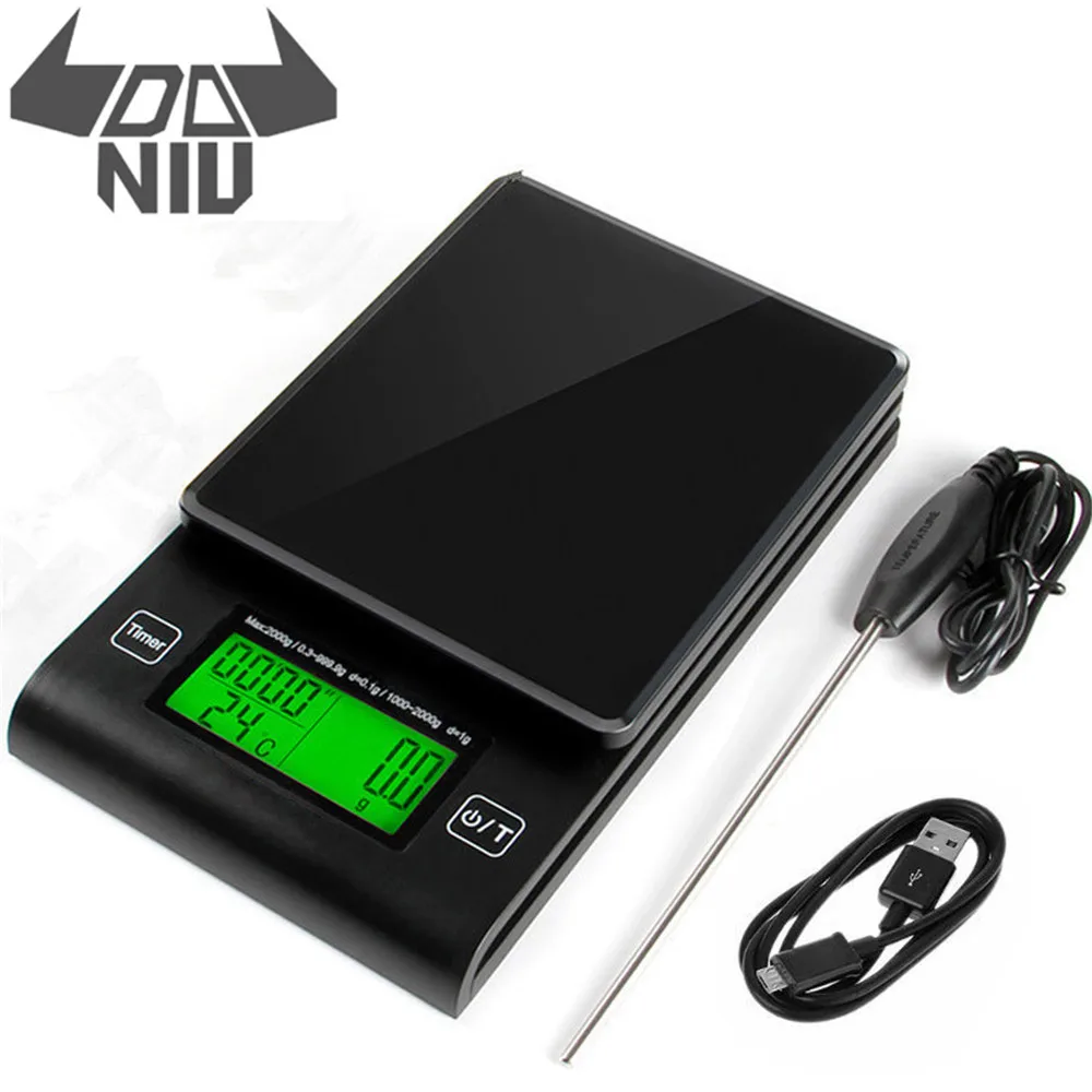 

DANIU Portable Multi-function LED Timer Electronic Digital Drip Coffee Scale Temperature Measuring Probe High Precision Kitchen