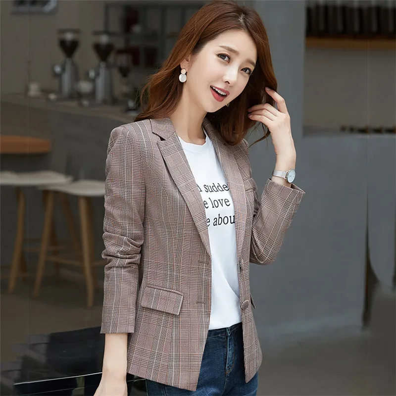 TT7194light brown Модный женский клетчатый Блейзер, пальто, Повседневный, длинный рукав, однобортный, тонкий, OL костюм, пальто, корейские женские куртки, топы - Цвет: TT7194light brown