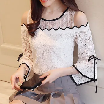 

New Women's Fashion Lace Chiffon Stitching Blouse Flare Sleeve Top Lace O Neck Blouse Strapless Sexy Femme Clothing