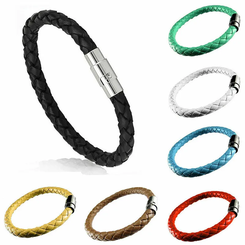 Handmade PU bangle bracelets For Unisex Women Men Classic Braided Leather Steel Magnetic Clasp Bracelet viking