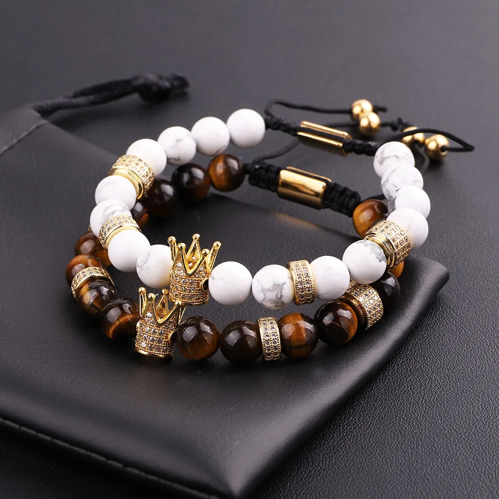 New Design Men Women Bracelet Natural Tiger Eye Howlite CZ Micro Pave Crown Friendship Macrame Adjustable Bacelet Men