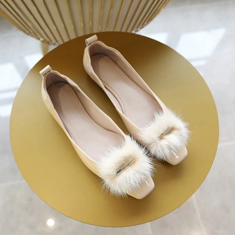 

Genuine Leather Natural Wool Women's round-Toe Chunky Low Heel 2020 Spring New Style Square Head Low Heel Solid Color Casual Ver