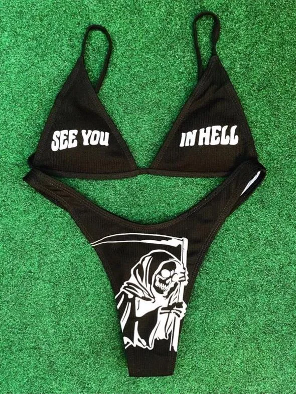 Bikini con estampado divertido para mujer, trajes de baño con cuello en V profundo, almohadillas desmontables para el pecho, Con parte inferior triangular, 2 uds., novedad de 2021