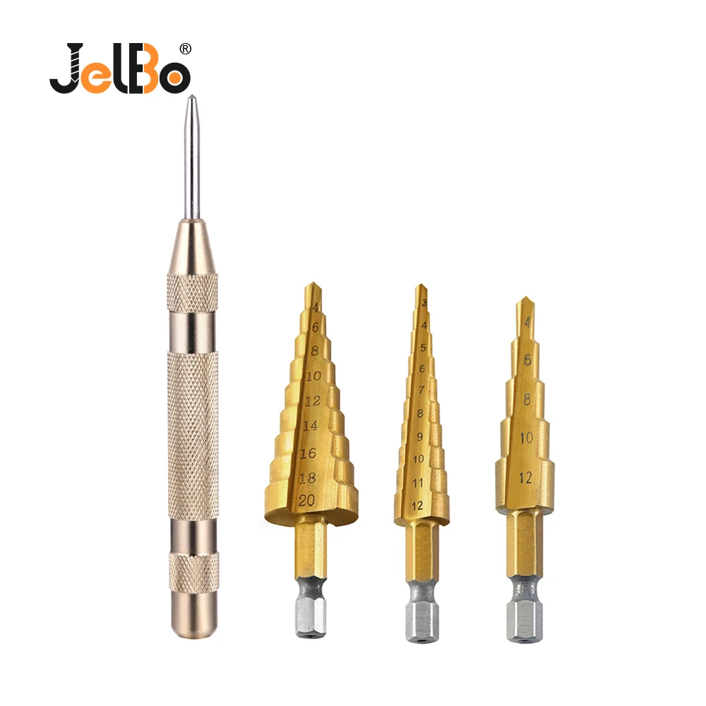 JelBo Metal Steel Center Step Drill Bit Automatic Punch Tool Titanium Core Set for Woodworking Hole Saw | Инструменты