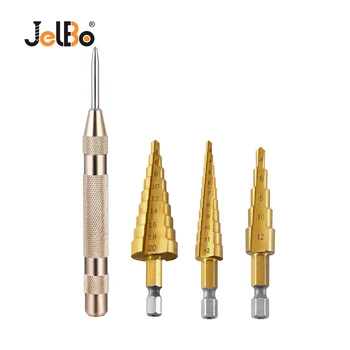 

JelBo Metal Steel Center Step Drill Bit Automatic Punch Center Drill Tool Titanium Core Drill Bit Set for Woodworking Hole Saw