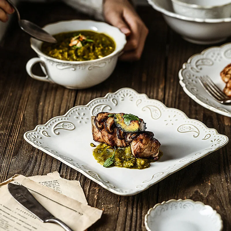 Antique Relief Ceramic Dinner Plate Set Porcelain Main Dish Serving Tray Dessert Salad Dishes Tableware For Restaurant Home Cafe