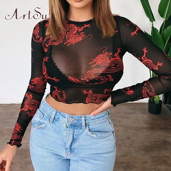 

ArtSu Dragon Black Mesh Long Sleeve Crop Top Transparent Sexy T-shirt Ladies See Through Chinese Style Tshirt Summer ASTS28025