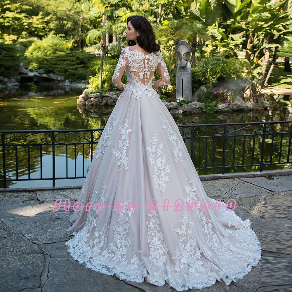 Сделанные на заказ свадебные платья трапециевидной формы Robe De Mariee с длинным рукавом пуговицы сзади аппликации Китай Свадебные платья Mariage