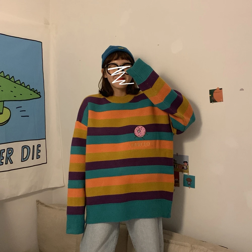 

Winter Women'S Knitted Sweaters Embroidery Striped Pullover Sweater Mix Colour Long Sleeve Korean Style Loose Knitwear Jumper