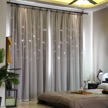 

Layers Hollow Out Stars Curtains Double Fabric and Gauze Drapes Blinds (Grey)