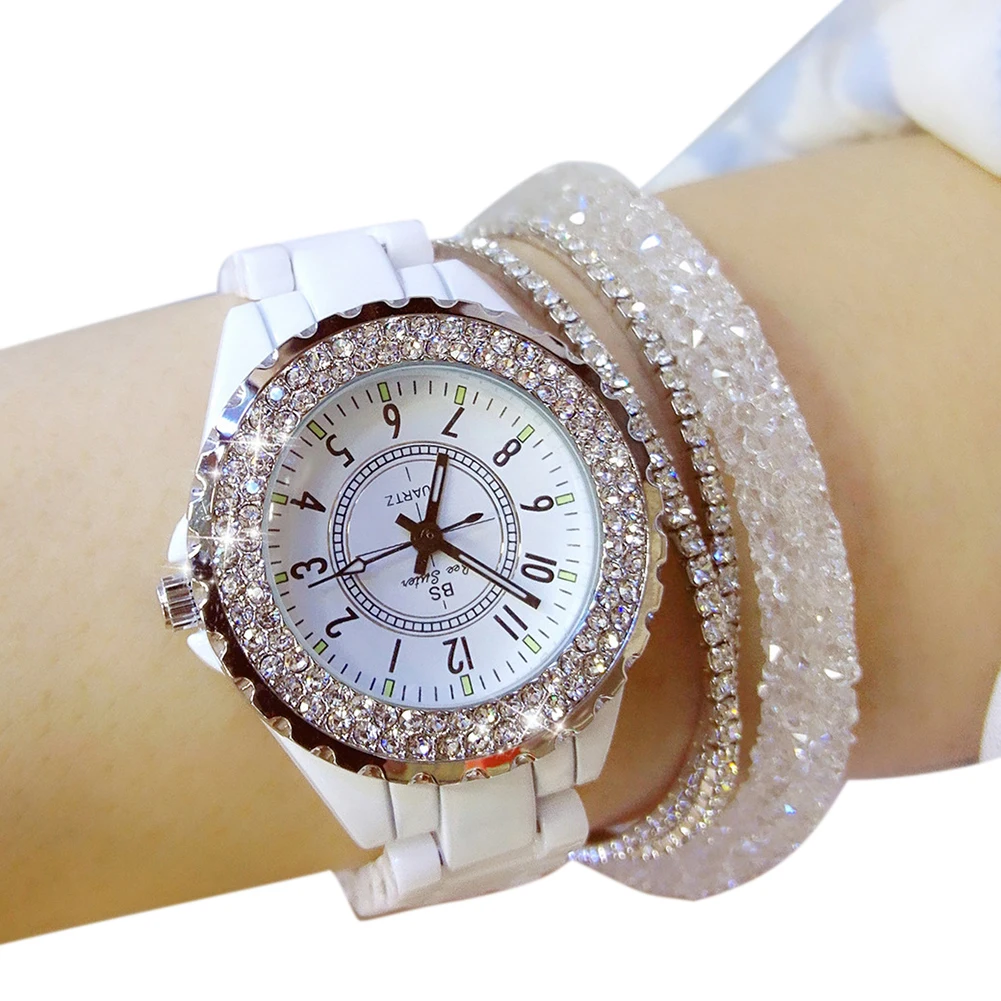 Модные инкрустированные бриллиантами часы с керамическим ремешком для женщин, индивидуальные повседневные круглые Аналоговые кварцевые наручные часы, Женские подарочные часы
