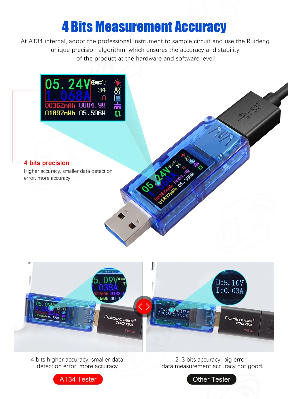 RD AT34 AT35 USB 3,0 цветной ЖК-Вольтметр Амперметр измеритель напряжения измеритель тока мультиметр Зарядка батареи банк питания USB Тестер