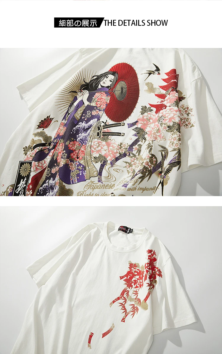 summer Japanese men's clothing tide brand breathable trend printed cherry blossom beauty Ukiyo-e short-sleeved T-shirt • COLMADO
