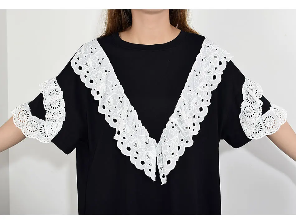 XITAO Patchwork Hollow Out Lace Midi Dress Women Korean Fashion Clothes Pullover Short Sleeve Match All Summer New WBB3996