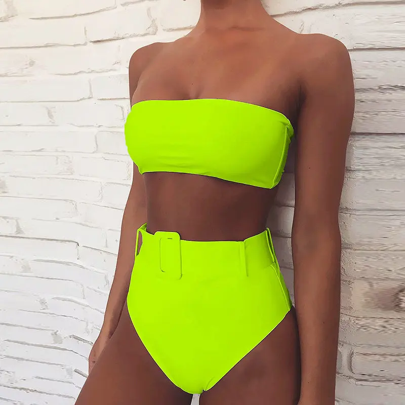 

High Waist Bikinis 2019 Women Swimsuit Female Bandeau Swimwear Sexy Neon Thong Bikini Set Bathing Suit Beachwear