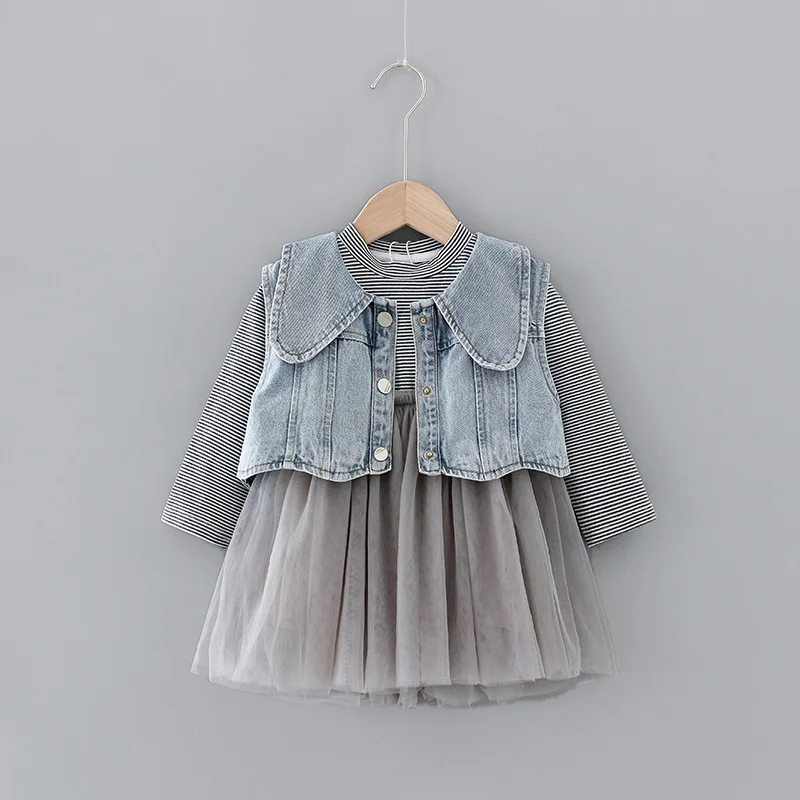 baby Girls Sweet Denim Vest+dress 2pcs Set Long-Sleeved Dress + Vest Spring Princess kids | Мать и ребенок