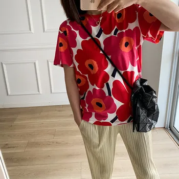 

Women Sun Flower Printed Tshirt Short Sleeve Summer Cotton O Neck Casual Hot Tee Shirt Tops Red Blue 2020 New