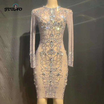 

Silver glitter diamond rhinestone tight Knee Length dress mesh See through Nude dresses prom party bestidos de mujer Bar Party