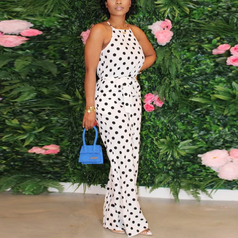 Women Casual Sleeveless Polka Dot Jumpsuits Halter Backless Long Pants Wide Leg Summer Jumpsuit