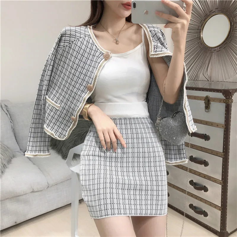 Autumn Women Two Piece Set Fashion Single Breasted Knitted Cardigans+ Bodycon Mini Skirt 2pcs Suit Female Elegant Set