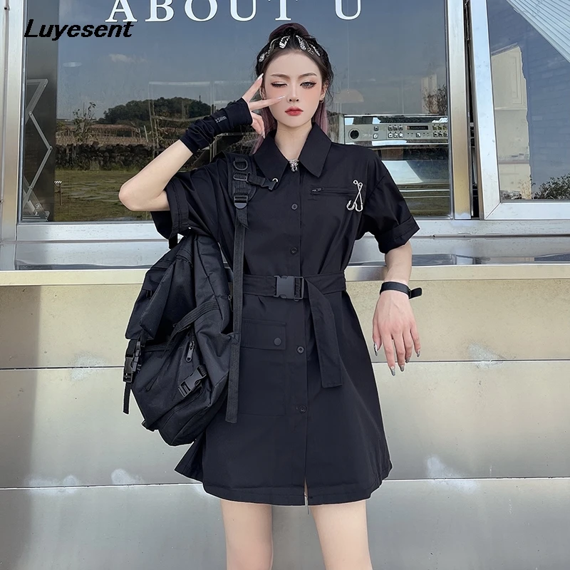 Black Safari Style Women Mini Shirt 