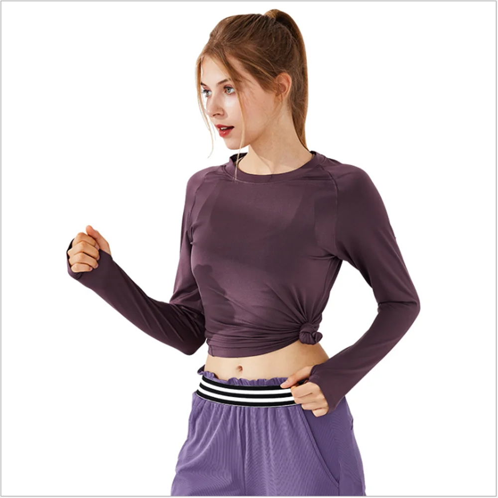 Горячая новинка, тонкая одежда для йоги на спине, тренировочная спортивная футболка с длинными рукавами, Женская дышащая спортивная рубашка для бега, для фитнеса - Цвет: Purple