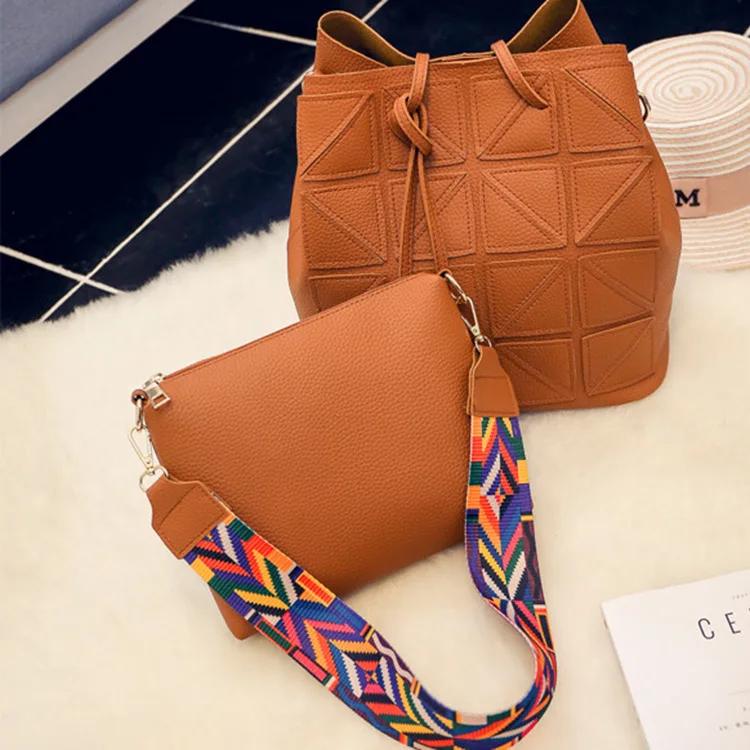 

2019 Korean-style Fashion Triangular Spell Ribbon Different Size Bags Single-shoulder Crossbody Bag Tassels Two-Piece Set WOMEN'