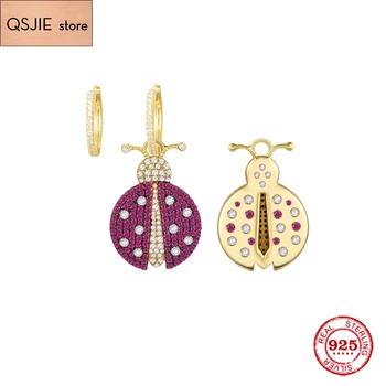 

QSJIE Fashion Charm Sterling Silver Original 1:1 Copy,Asymmetric Ladybug Earrings With Hoop Luxury Jewelry Gift For Female