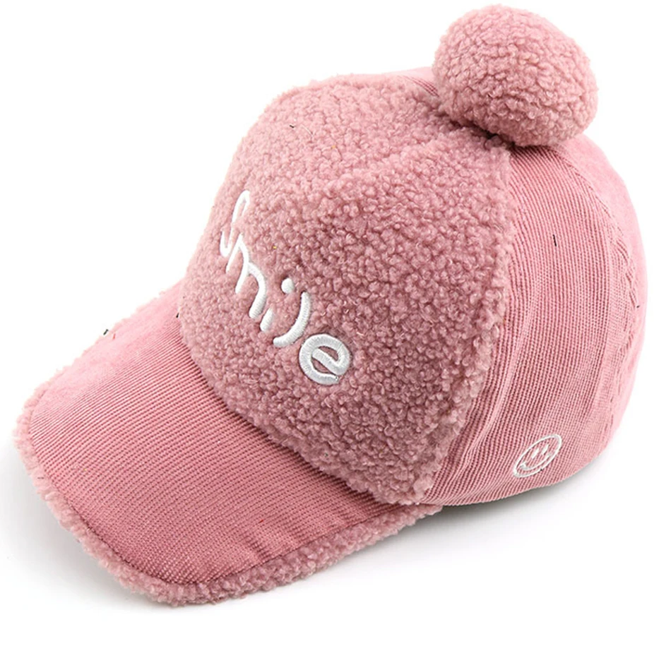 Детский шерстяной помпон, бейсбольная кепка со смайликом и буквенным принтом, шерстяная шапка, Осенняя детская теплая зимняя шапка s, детские зимние шапки 3-8 лет