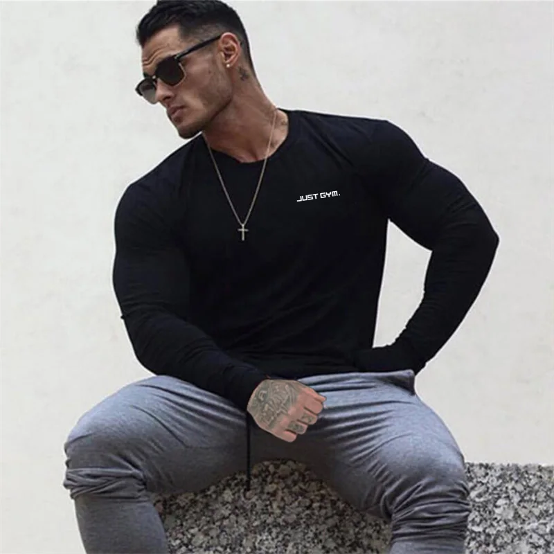 Muscleguys для бодибилдинга с длинным рукавом Футболка мужская брендовая одежда Повседневная футболка с буквенным принтом мужские топы рубашки стрейч футболка с круглым вырезом