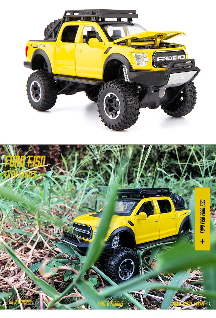1:32, высокая имитация Ford Raptor F150, внедорожная модель автомобиля из сплава, детский звук и светильник, игрушка для детей, подарки