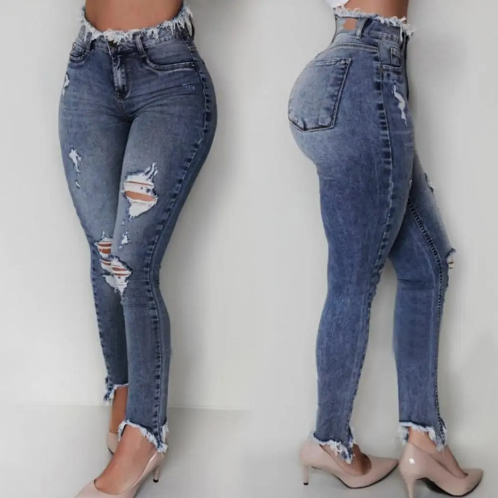 Women Jeans Slim Ripped Hole Raw Edge Long Denim Sexy Washed Regular Pant Femme High Waist Pants Mom | Женская одежда