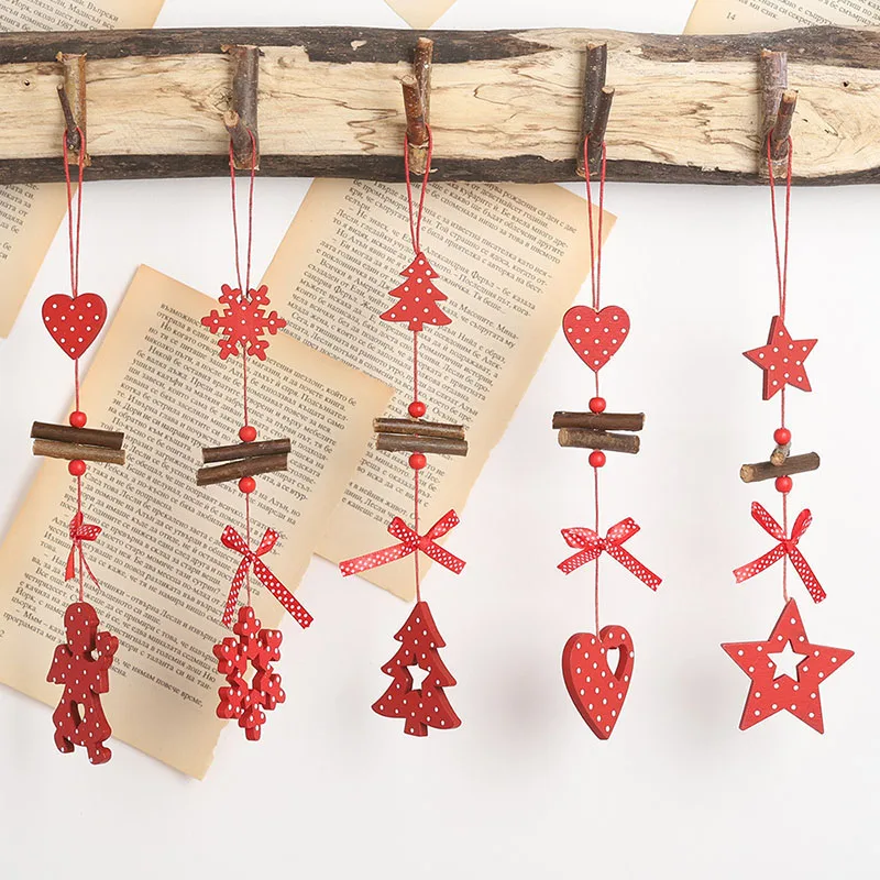 1/2/3Pc Red Dot Heart Snowflake Xmas Tree Angel Star Wooden Pendants Ornaments Christmas Hanging Decorations For Home Navidad