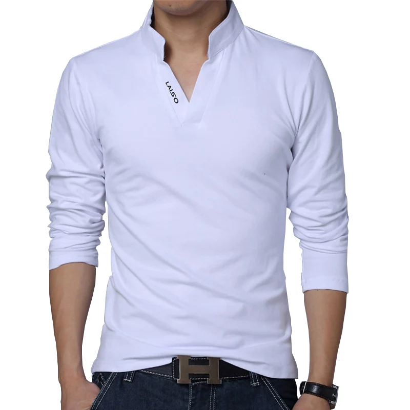 Tee Shirts Spring Mandarin-Collar Slim-Fit Long-Sleeve Solid-Color Men Brand 5XL Cotton
