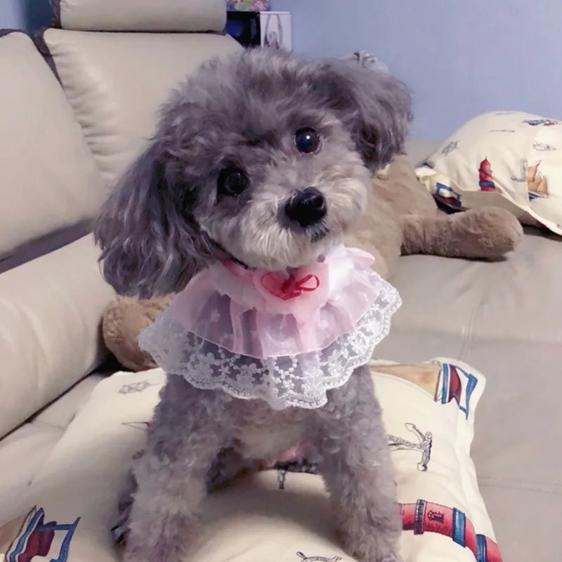 Pet Sweet Lace Scarf Pink Dog Bib Cat Collar Wedding Scarf Decoration Cute Heart Neckerchief Scarf Saliva Towel For Puppy