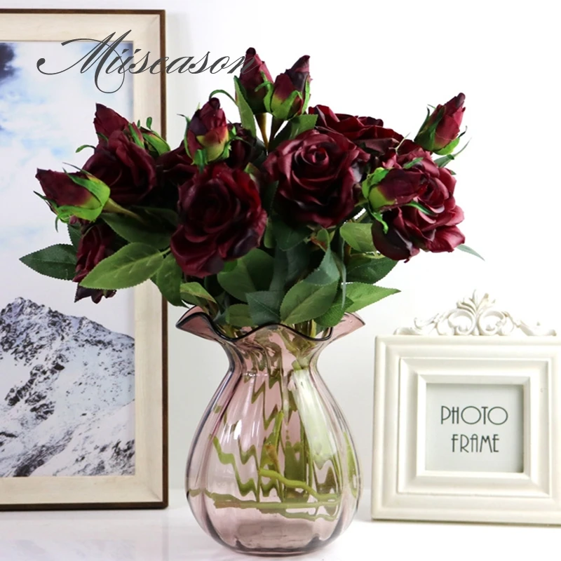 

1pcs Wedding decoration high quality artificial flowers Vivid real touch roses Artificial Silk Flower Bride Home Decor 2 heads