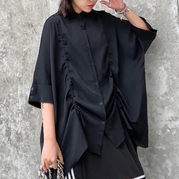 

XUXI 2020 Women New Chiffon Blouse Vintage Summer Top Five Points Sleeve Chemise Femme Streetwear Temperament Pleating FZ1509