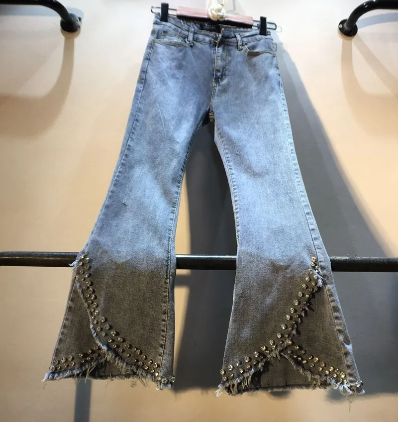 Весенние новые джинсовые брюки женские тяжелые просверленные Алмазный бисер высокая талия тонкие девять точек эластичные роговые джинсы брюки леди