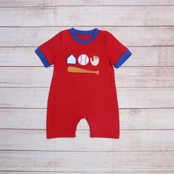 Barboteuse à manches courtes pour bébé garçon, vêtements d'été, bleu, poignets, rouge, Baseball et batte de Baseball, motif brodé 