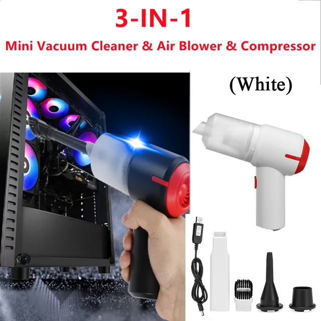 9000Pa 3in1 Handheld Vacuum Cleaner & Cordless Air Blower, Mini Air Duster Cleaner for Computer, Laptop, PC, Car Interior, Home 3-IN-1 White