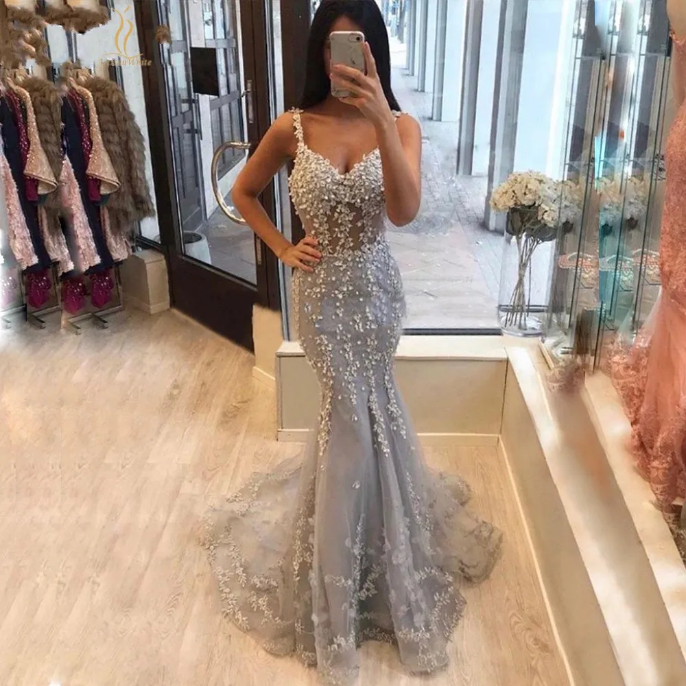 

Lace Mermaid Evening Dress Light Grey Spaghetti Straps Sexy Long Prom Party Gown Flowers Tail Illusion Bodice for Pageant