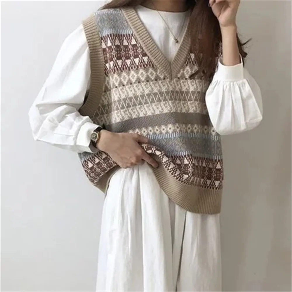 Vintage Argyle V-neck Knitted Sweater Vest Women Loose Sleeveless Pullover Autumn Korean Casual Oversized Knit Waistcoat | Женская