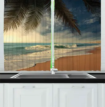 

Beach Kitchen Curtains Tropical Seashore in Sri Lanka Exotic Coastline Palm Trees and Waves Window Curtain for Kitchen Cafe