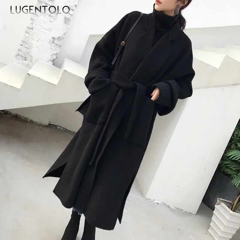 Lugentolo зимнее пальто женское новое шерстяное французское осеннее и зимнее Хепберн ветер сплошной цвет с длинными рукавами отложной воротник карманы