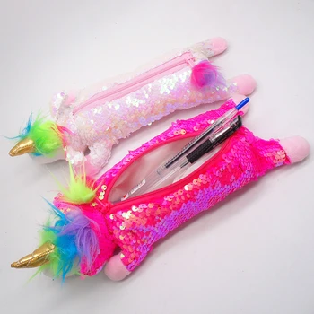 

Reversible Sequin Unicorn Pencil Case Kawaii Plush For Girl School Pencil Case Bag Cute Pencil Box Pen Pouch Stationery Supplies