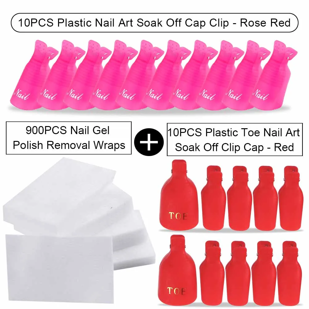 20PCS Plastic Fingers And Toes Nail Art Soak Off Cap Clip And 900PCS Cleanser Nail Gel Polish Removal Wraps Remove Tool Nail Tip - Цвет: Red Toe Rose red Hd