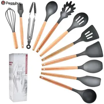 

9/11pcs Silicone Kitchen Cooking Tools Utensils Set Heat-resistant Non-stick Spatula Shovel Spoon Wooden Handle With Storage Box