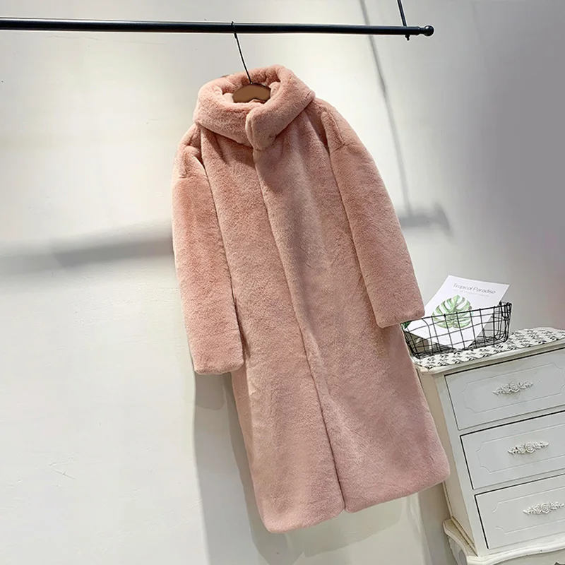 Женское зимнее длинное пальто из искусственного меха с капюшоном, корейское теплое пальто с рукавами «летучая мышь», женская модная однотонная утепленная верхняя одежда из меха норки - Цвет: Розовый