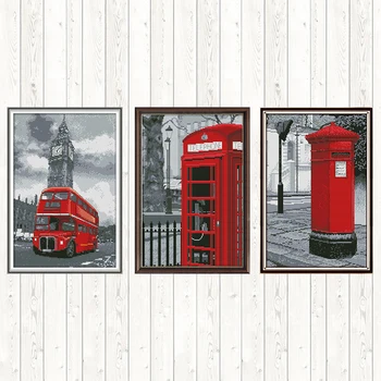 

Bus Mailbox Telephone Booth Patterns Counted Cross Stitch Fabric 14ct 11ct Printed Canvas DMC DIY for Needlework Embroidery Kit